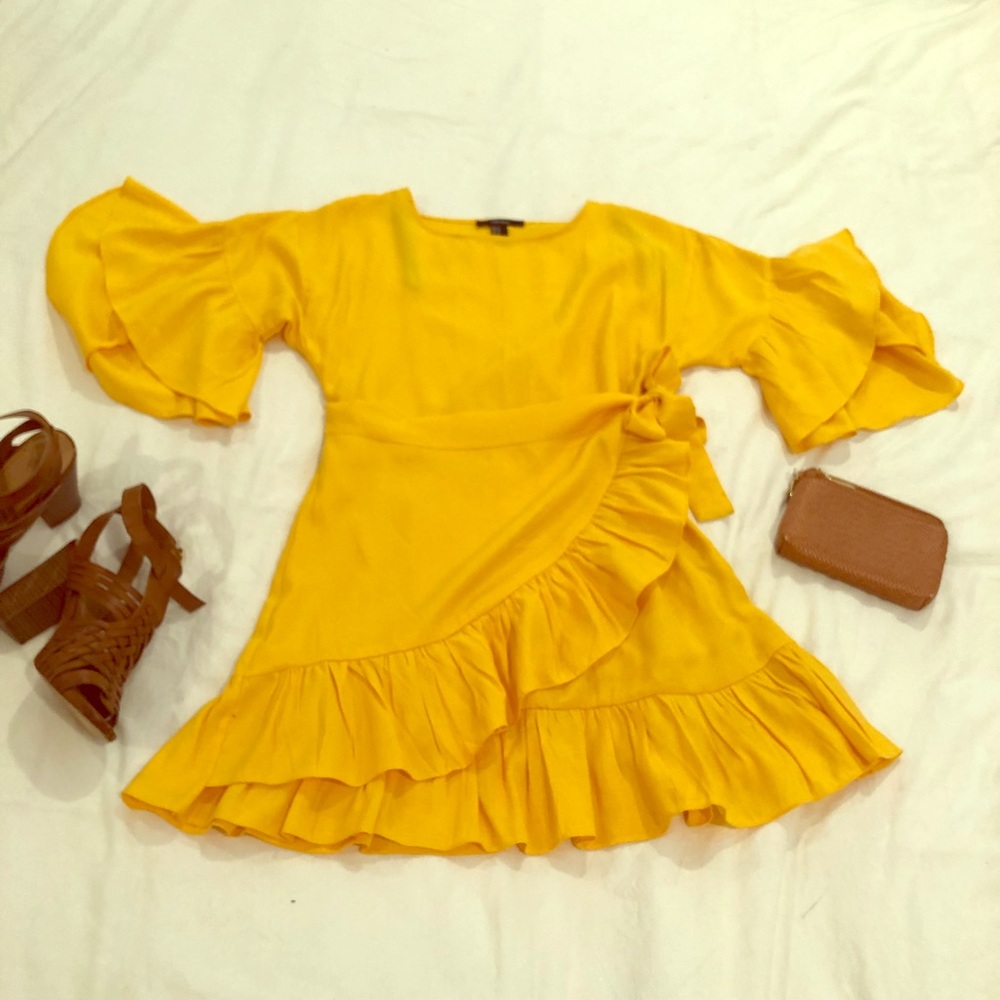 NWOT mustard yellow faux wrap dress flutter